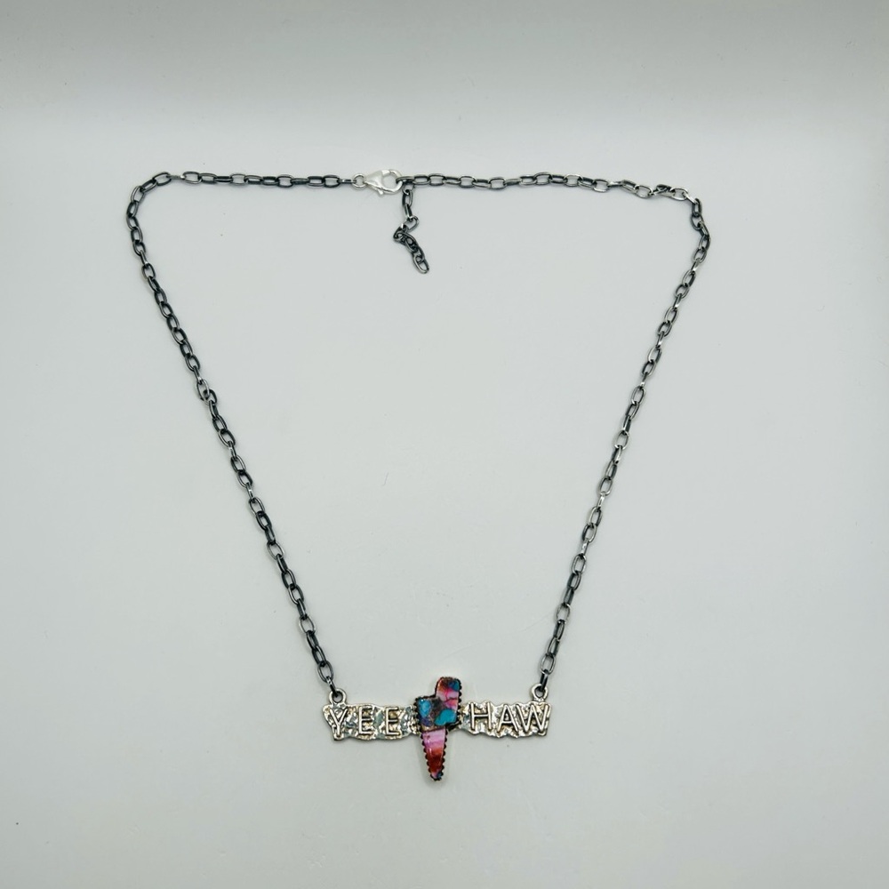 925 Sterling Silver Pink Dahlia “Yeehaw” Southwest Style Pendant Necklace